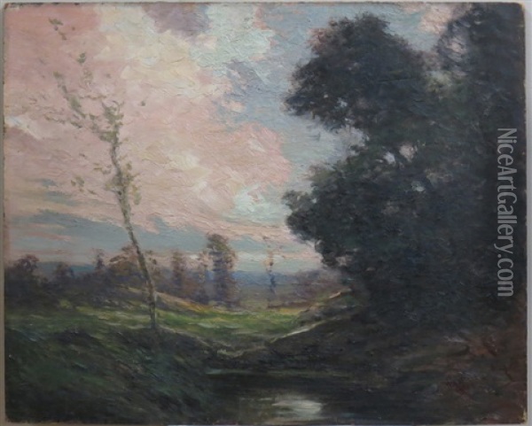 Landscape With Birch Tree, Pink Clouds Oil Painting - George Ames Aldrich