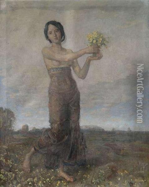 Young Girl With A Bouquet Of Flowers As An Allegory Of Spring Oil Painting - Christian Adam Landenberger