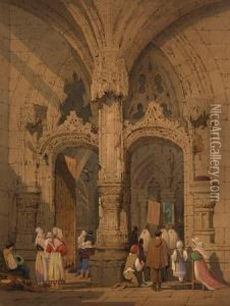 At The Door Of A Cathedral, Possiblyratisborn Oil Painting - Samuel Prout