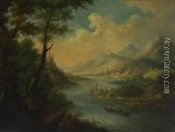 Flusslandschaft. Oil Painting - Francois J. Deutsch