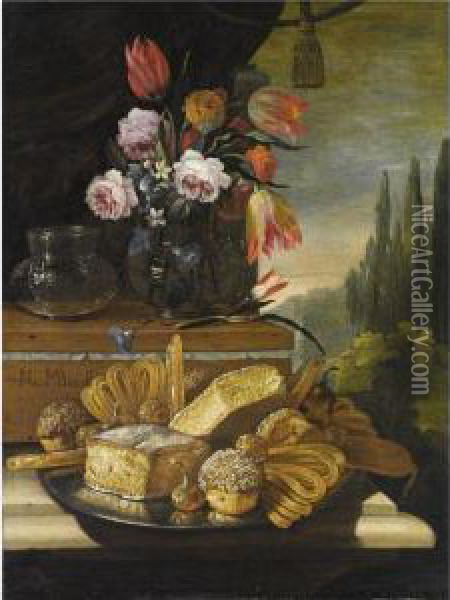 Natura Morta Di Dolci E Biscotti In Un Paesaggio Oil Painting - Nicola Maria Recco