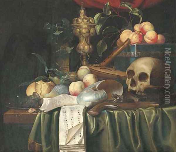 A vanitas still-life with a skull, a pistol, a lute with broken strings, a flute, shells, peaches, figs, bread and an urn on a partly draped ledge Oil Painting - Joris Van Son
