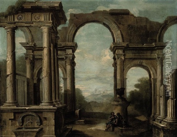 An Architectural Capriccio With Figures Beneath An Arch Oil Painting - Niccolo Codazzi