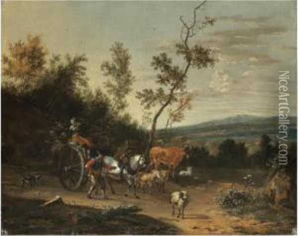 Travellers With A Horse And Cart Passing Through An Extensivelandscape Oil Painting - Rembrandt Van Rijn
