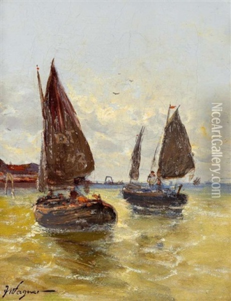 Fischerbarken An Der Adriatischen Meereskuste Oil Painting - Georg Fischhof