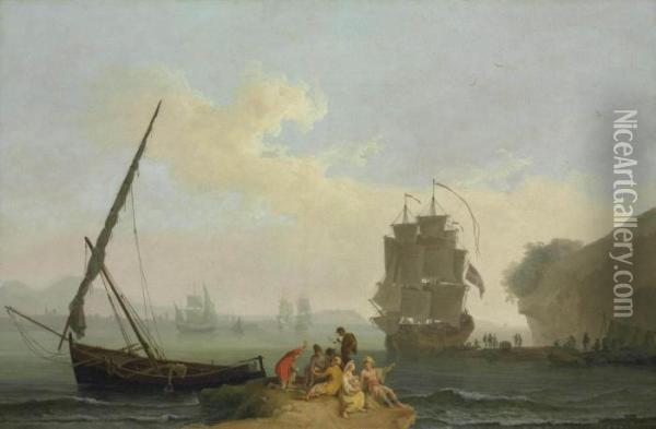 A Mediterranean Bay With Figures Unloading A Man-o'-war Oil Painting - Pierre-Jacques Volaire