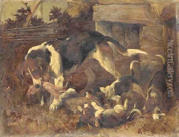 A hound and puppies with a fox's brush outside a kennel Oil Painting - John Emms