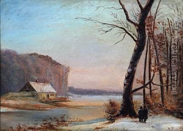 Winter Landscape At Sunset Oil Painting - Nordahl (Peter Frederik N.) Grove