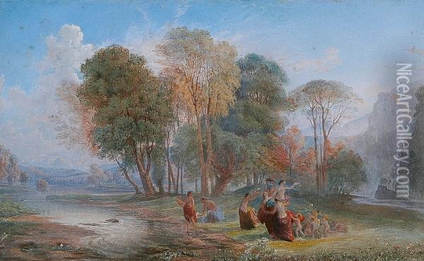 A Claudian Landscape With Dancing Nymphs And Cherubs Oil Painting - Francis Oliver Finch