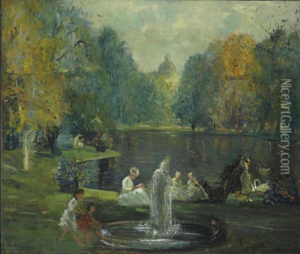 Frog Pond, Boston Public Garden Oil Painting - Arthur C. Goodwin
