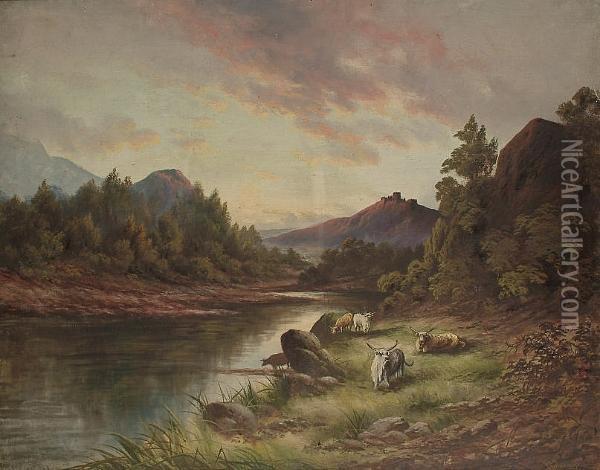 Highland Cattle In River Landscapes Oil Painting - R.H. Gennings