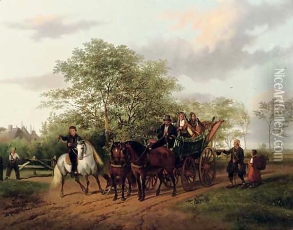 A halted carriage with Utrecht in the distance Oil Painting - Gijsbertus Craeyvanger