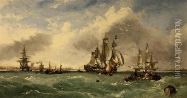 Shipping At The Mouth Of The River Medway Oil Painting - John Callow