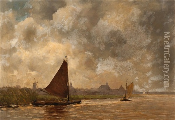 View Of Leiden Along The Haarlemmervaart Oil Painting - Jozef Neuhuys