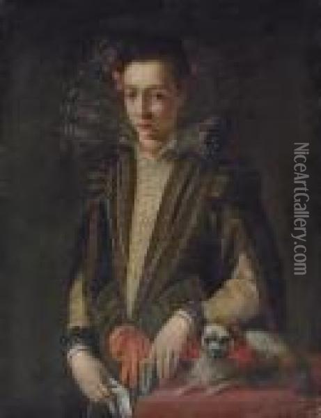 Portrait Of A Girl, 
Three-quarter-length, In A Black And Gold Embroidered Dress With A Lace 
Collar, A Book In Her Left Hand, A Handkerchief In Her Right, A Dog By 
Her Side Oil Painting - Sofonisba Anguissola