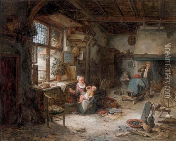 A Mother Feeding Her Child And Other Peasants In An Interior Oil Painting - Adriaen Jansz. Van Ostade