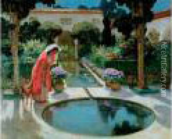 Jeune Orientale Et Sa Biche Au Patio Oil Painting - Frederick Arthur Bridgman