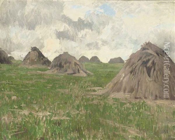 Haystacks, Near Moffat Oil Painting - Ernest S. Lumsden