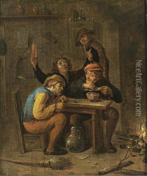 Peasants Smoking And Drinking Near A Fireplace Oil Painting - David The Younger Teniers