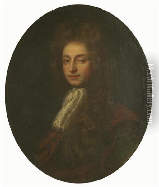 Portrait Of A Gentleman, 
Reputedly John Dryden, Half Length Wearinga White Stock And Red Cloak Oil Painting - Sir Godfrey Kneller