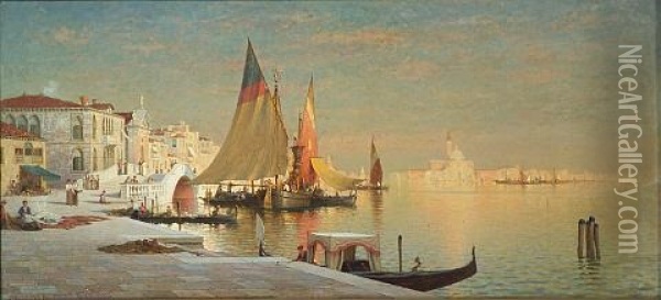 A View Of The Venetian Lagoon With Figures On The Riva Degli Schiavoni Oil Painting - Charles J.G. Dyer