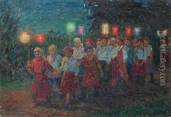 Lantern Procession Oil Painting - Nikolai Petrovich Bogdanov-Bel'sky