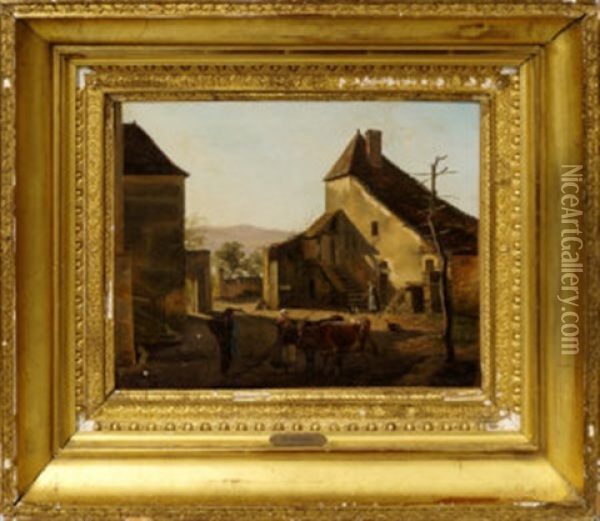 Figures In A Farmyard With Cottages And Hills Beyond Oil Painting - Jean-Antoine Duclaux