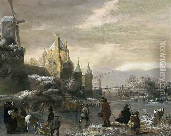 Winter Landscape with Skaters Oil Painting - Claes Molenaar (see Molenaer)