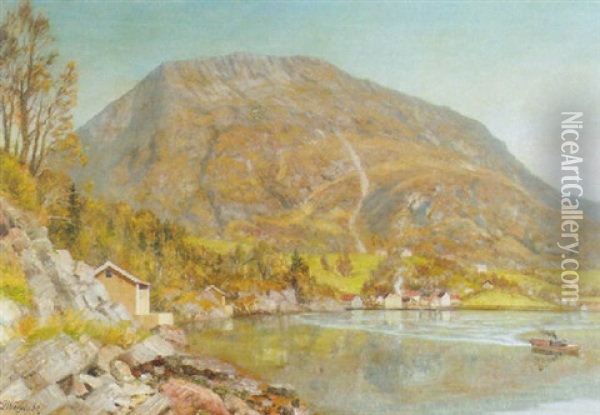View Of A Fjord In Bergen, Norway Oil Painting - Anders Guttormsen Wigdahl