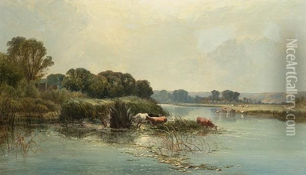 River Landscape With Cattle Oil Painting - Henry John Boddington