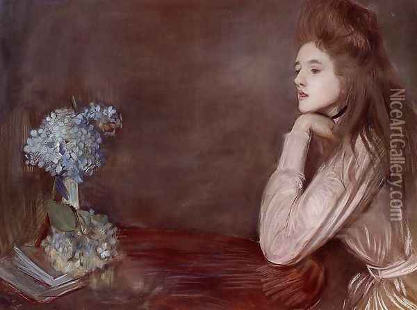 The Lioness with Blue Hydrangeas Oil Painting - Paul Cesar Helleu
