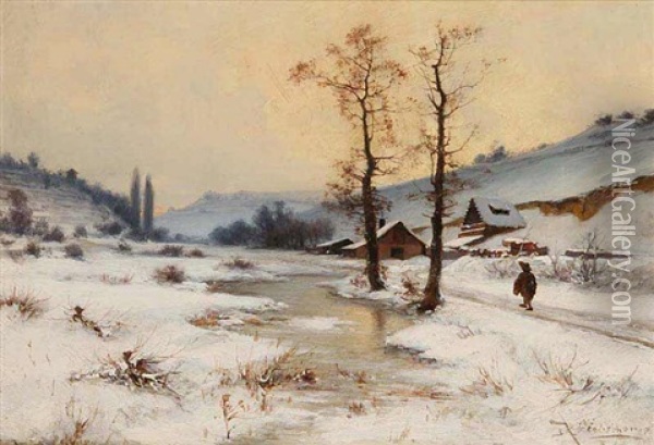A Winter Landscape Oil Painting - Karel Liebscher