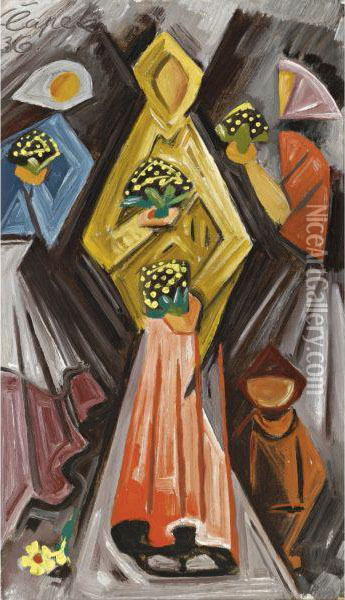 Women With Flowers Oil Painting - Josef Capek