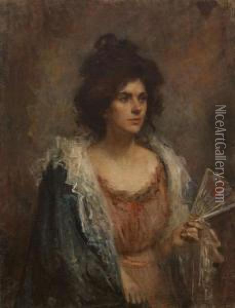 Woman With Fan Oil Painting - Sarah Henrietta Purser