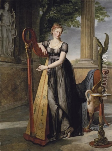 Portrait Of Marie-denise Smits, Nee Gandolphe In A Black Dress, Playing A Harp In An Interior Oil Painting - Antoine Jean Joseph Ansiaux
