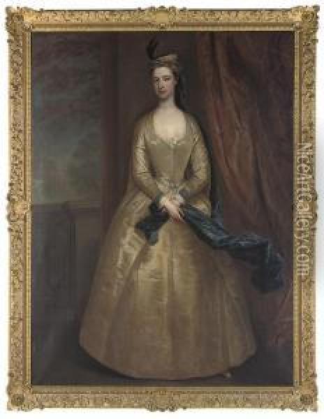 Portrait Of Lady Barbara North, 
Full-length, In An Oyster Satindress And A Blue Wrap, On A Terrace Oil Painting - Charles Jervas