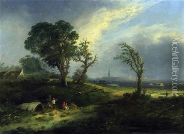 Landscape With Gypsy Encampment And Distant View Of Norwich Oil Painting - William Henry Crome