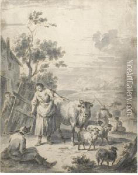 Rural Landscape With Peasants And Animals Oil Painting - Giuseppe Zais
