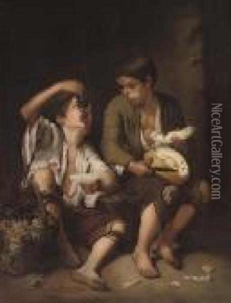 Two Boys Eating Grapes And Melon Oil Painting - Bartolome Esteban Murillo