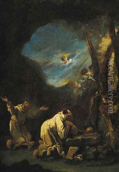 A stormy landscape with Carthusian monks praying at a shrine, angels in the sky beyond Oil Painting - Alessandro Magnasco