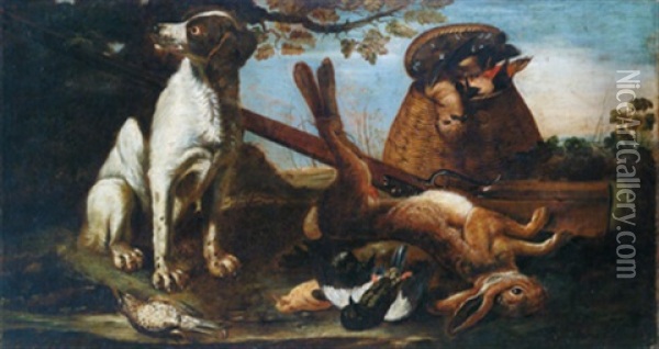 Wildbret Von Einem Hund Bewacht In Einer Landschaft Oil Painting - David de Coninck