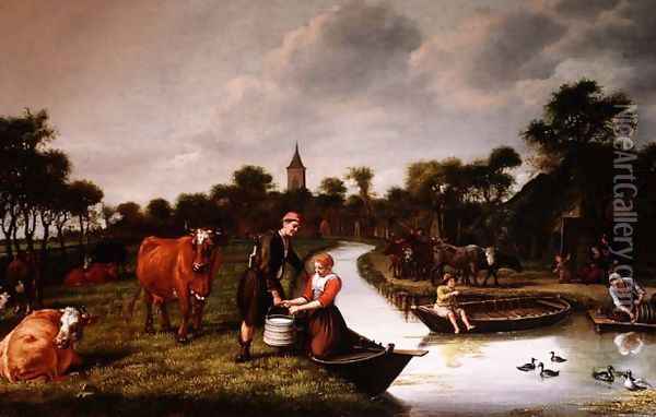 River Landscape with a couple carrying a milk churn Oil Painting - Jan Victors