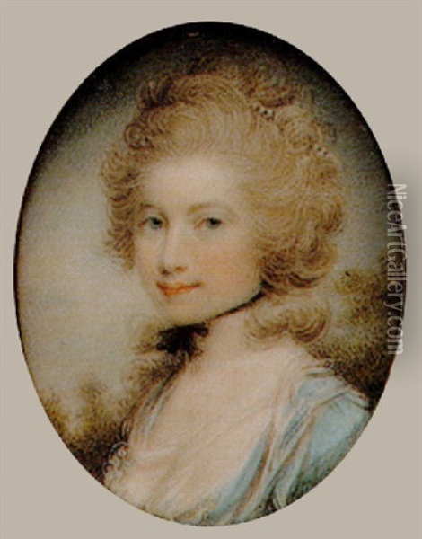 A Lady With Powdered Hair Wearing A Blue Dress And A White Chemise Oil Painting - Samuel Shelley