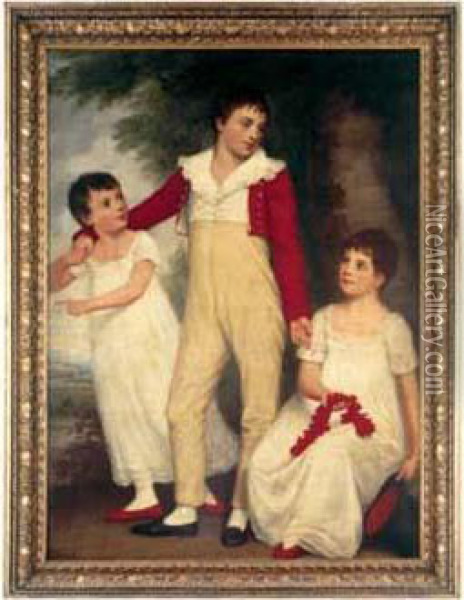 Portrait D'un Jeune Garcon En Rouge Et De Ses Deux Soeurs Oil Painting - Robert Home