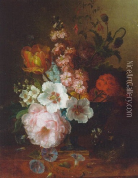 A Tulip, A Peony, Honeysuckle, Narcissi, Poppies, Fuchsia, Morning Glory, Larkspur, Cistus, Marigolds And Other Flowers In An Urn Oil Painting - Jan van Os
