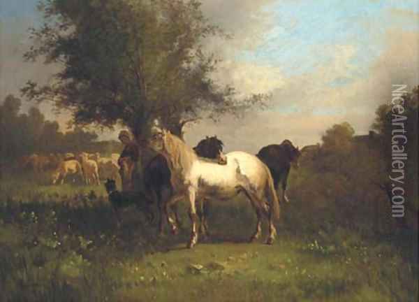 A farm girl with horses and sheep in a field Oil Painting - Antonio Cordero Cortes