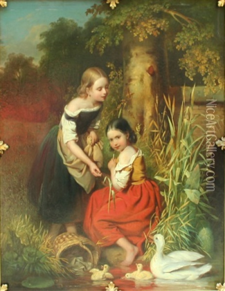 Young Girls By The Duck Pond Oil Painting - Johannes Antonius Canta