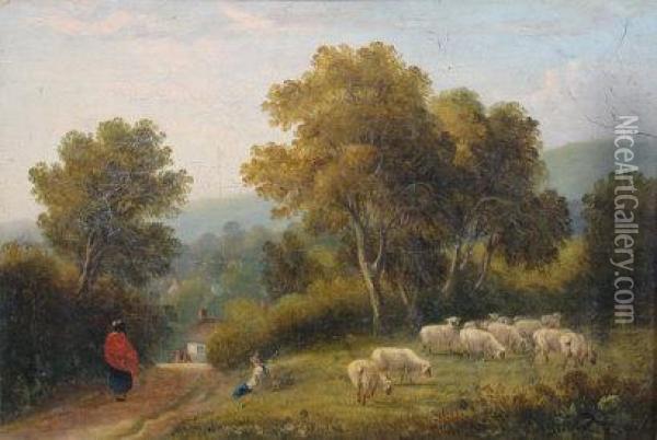 Shepherd With Sheep Besides A Path To Cottage Oil Painting - John Gendall