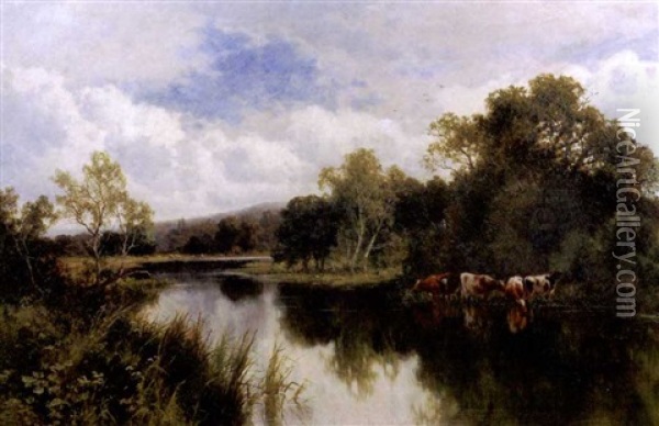 Cattle By A Lakeside Oil Painting - Henry H. Parker