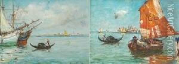 Blick Vom Golf Von Venedig Mit Gondeln Und Segelbooten Auf Venedig. Gegenstucke Oil Painting - Antonius Bernardus Dirckx